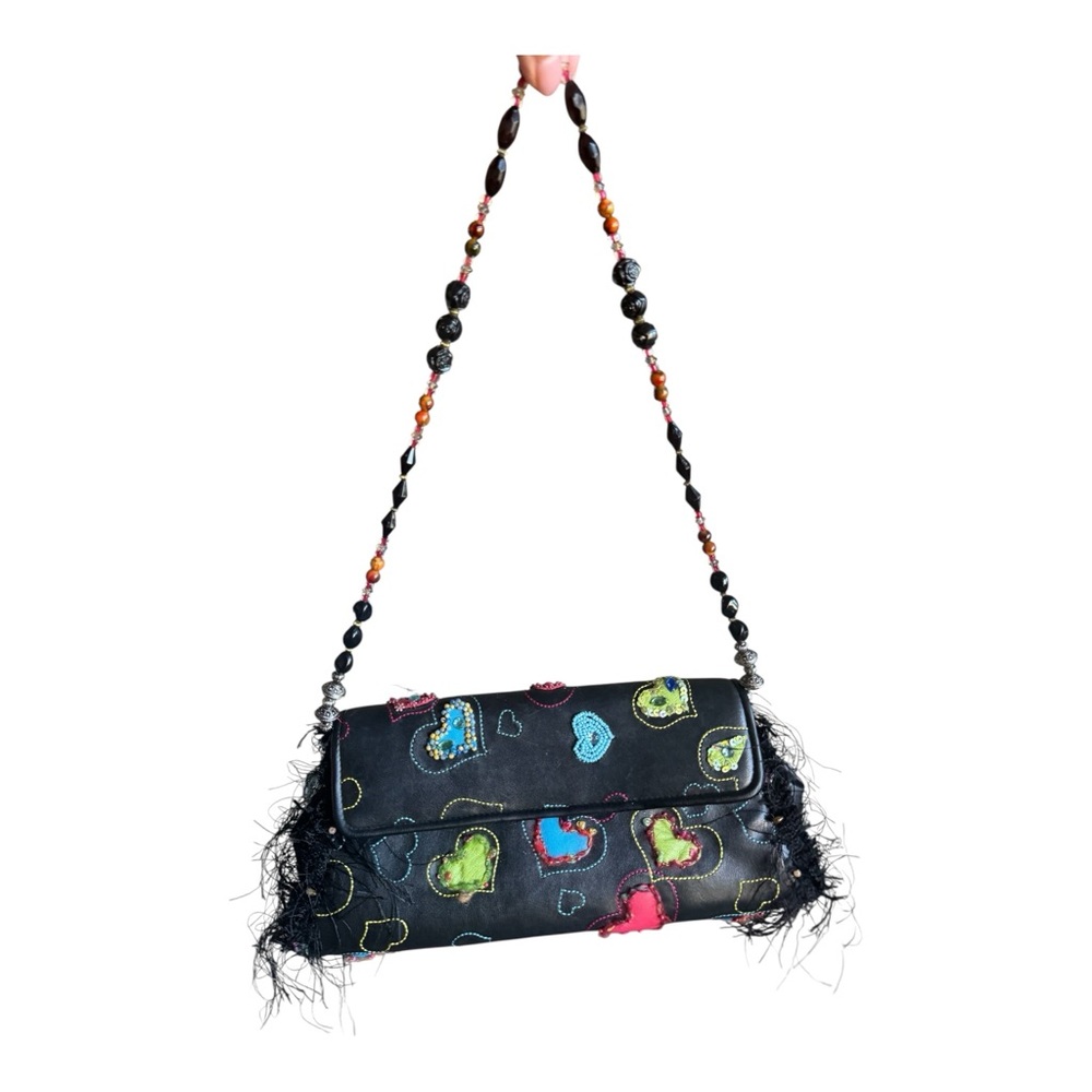 Rare! Vintage Mary Frances Black Shoulder Bag Beaded Colorful Heart Accents - Picture 3 of 17